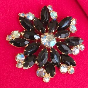 Vintage Black and AB Rhinestone Brooch Pin